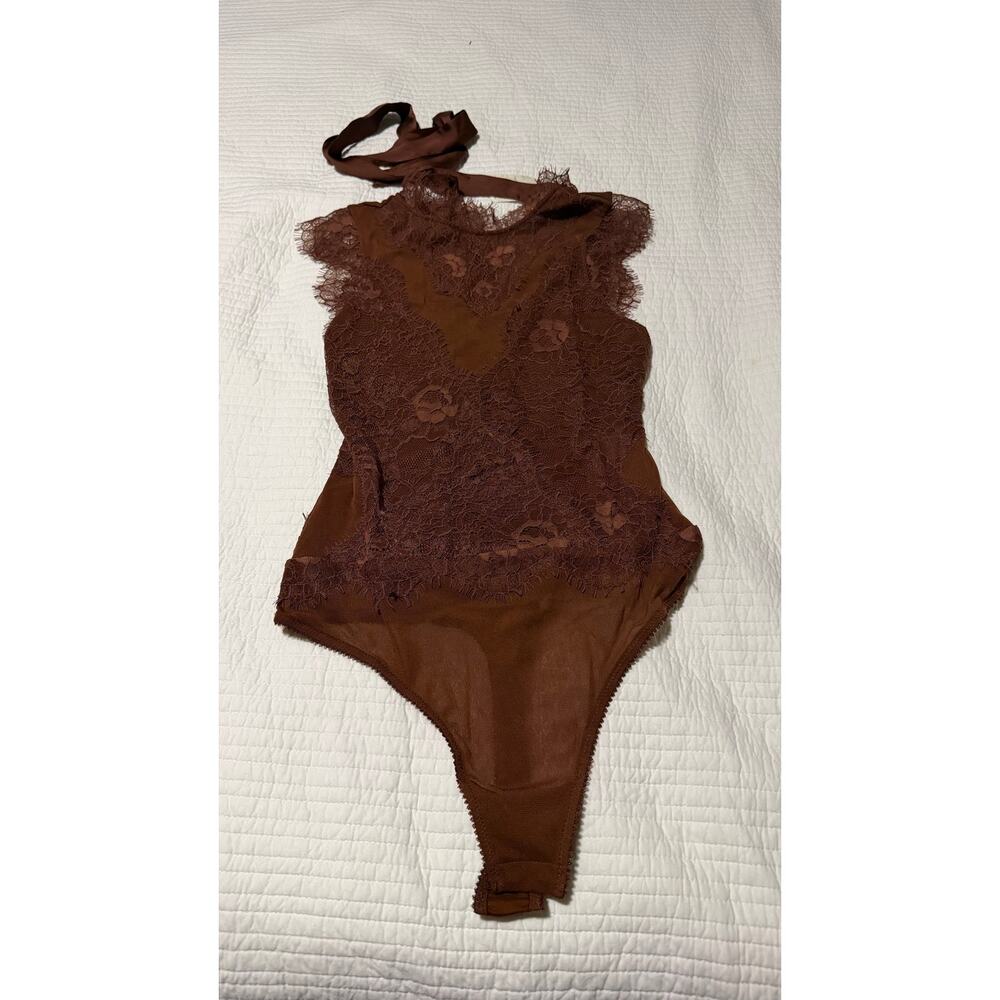 NWT Free People Brownstone Brown Lace Sheer Mesh Bodysuit Size S $78 - Picture 9 of 11